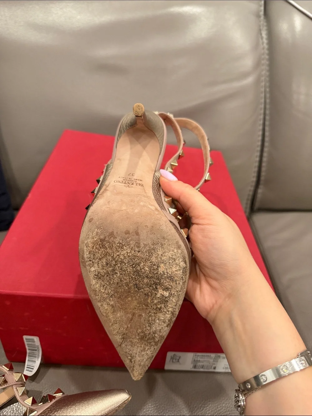 Valentino Metallic Gold Rockstud Pointed T-Strap Pumps